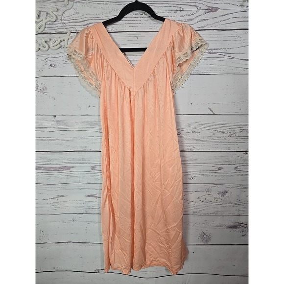Vintage Womens Peach V-Neck Lace Short Sleeve Nightgown Sleepwear Size Large - Picture 2 of 4
